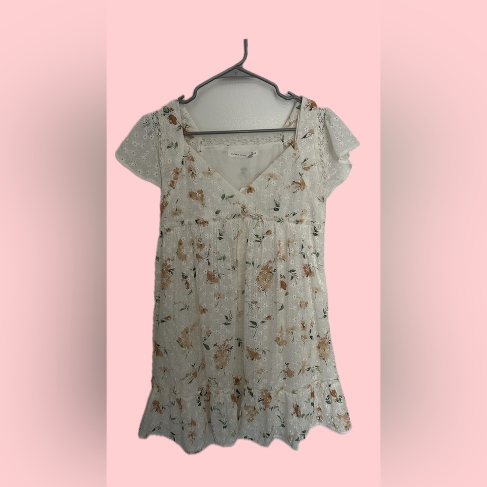 Altar'd State Cream Floral Ruffled Cap Sleeve Dress